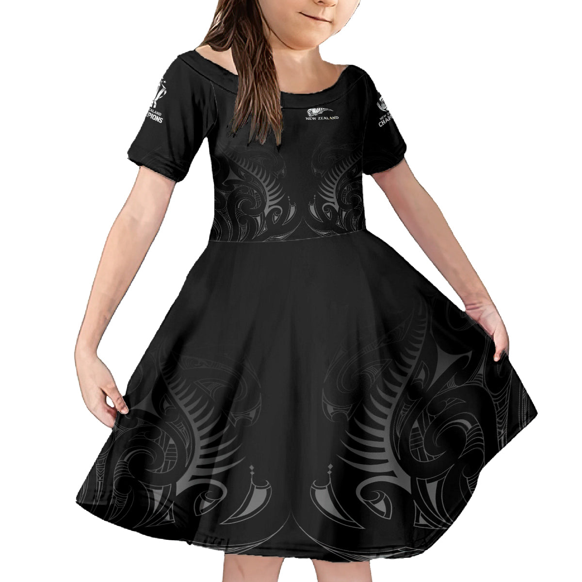 New Zealand Family Matching Summer Maxi Dress and Hawaiian Shirt Rugby 2023 Champions Black DT02 Daughter's Dress Black - Polynesian Pride