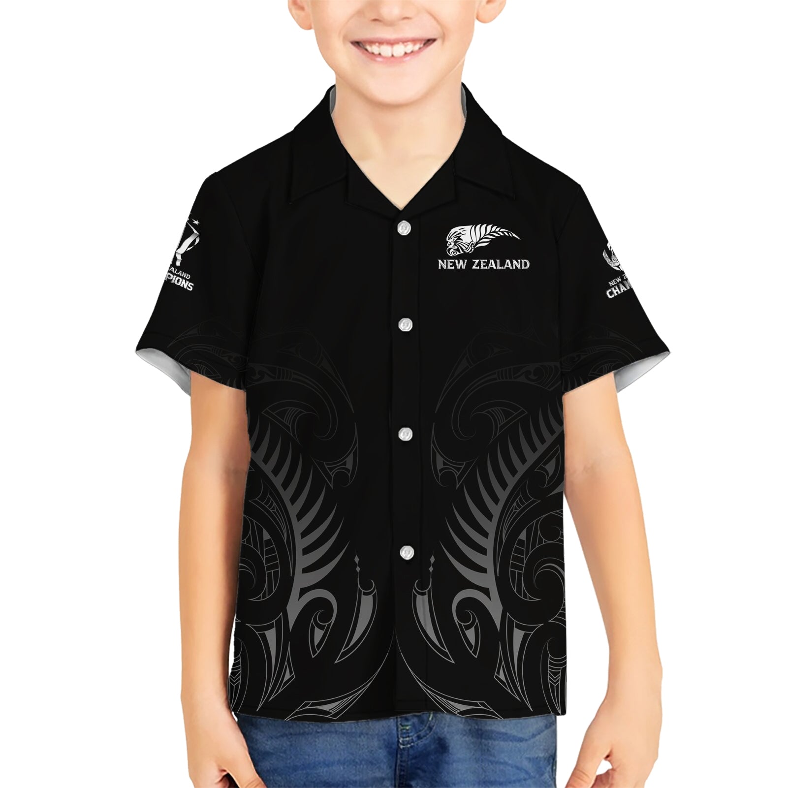 New Zealand Kid Hawaiian Shirt Rugby 2023 Champions Black DT02 Kid Black - Polynesian Pride