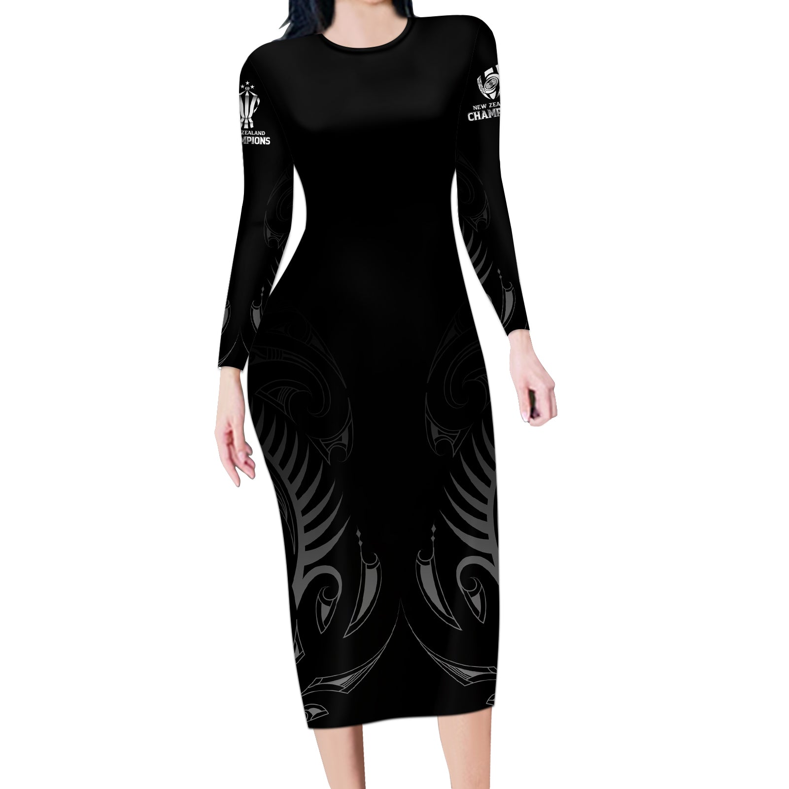 New Zealand Long Sleeve Bodycon Dress Rugby 2023 Champions Black DT02 Long Dress Black - Polynesian Pride