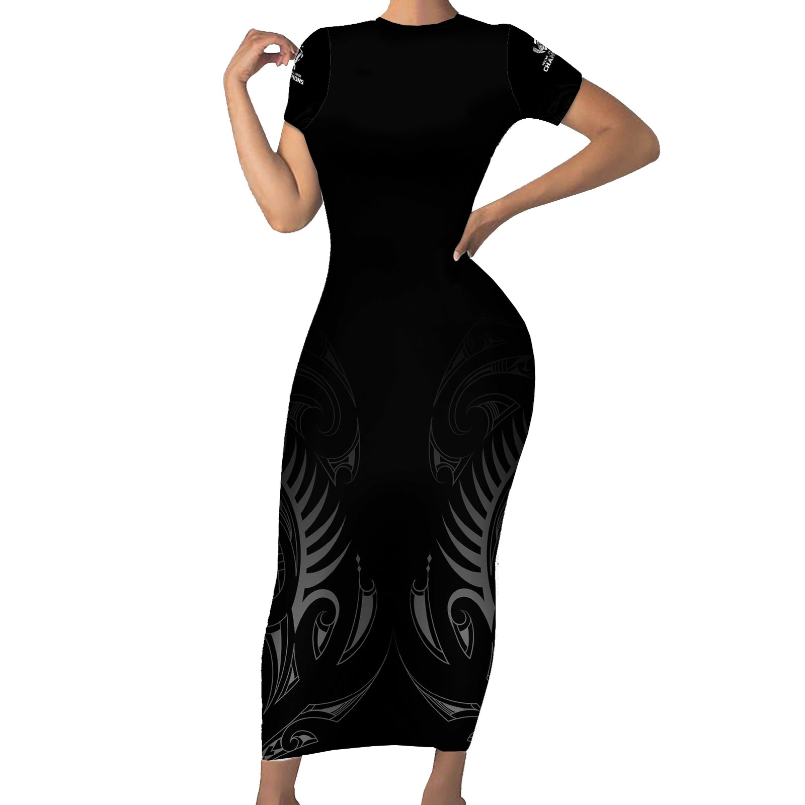 New Zealand Short Sleeve Bodycon Dress Rugby 2023 Champions Black DT02 Long Dress Black - Polynesian Pride