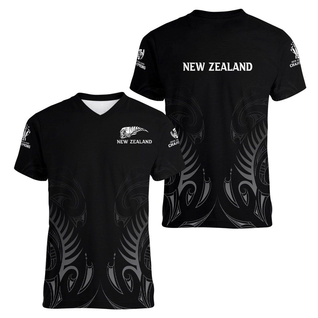 New Zealand Women V Neck T Shirt Rugby 2023 Champions Black DT02 - Polynesian Pride