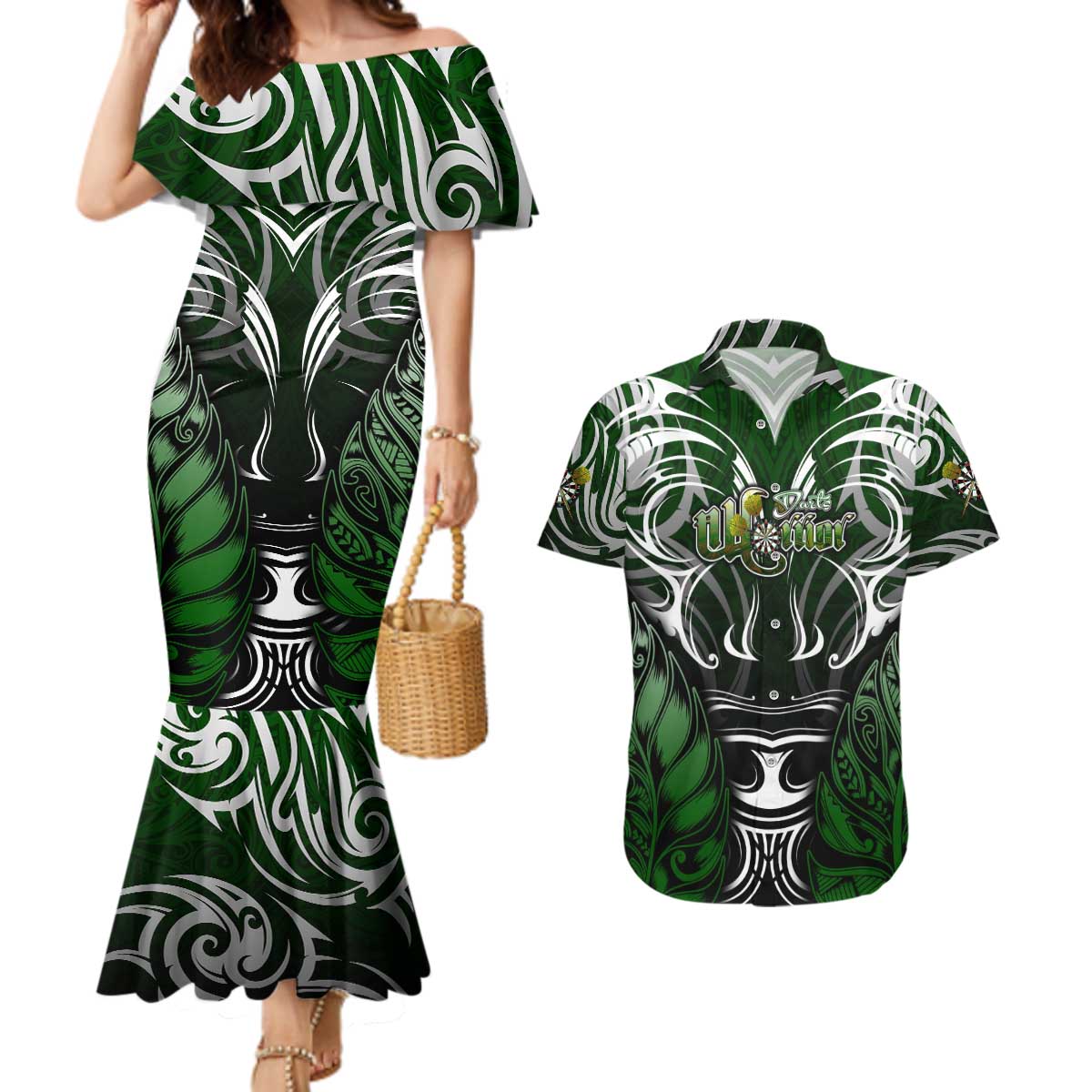 Personalised Warriors Maori Darts Couples Matching Mermaid Dress and Hawaiian Shirt New Zealand Darts Silver Fern