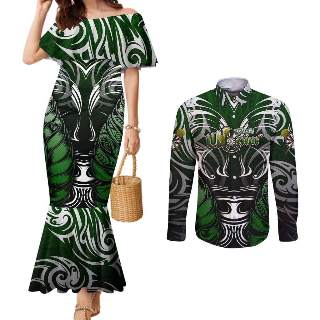 Personalised Warriors Maori Darts Couples Matching Mermaid Dress and Long Sleeve Button Shirt New Zealand Darts Silver Fern