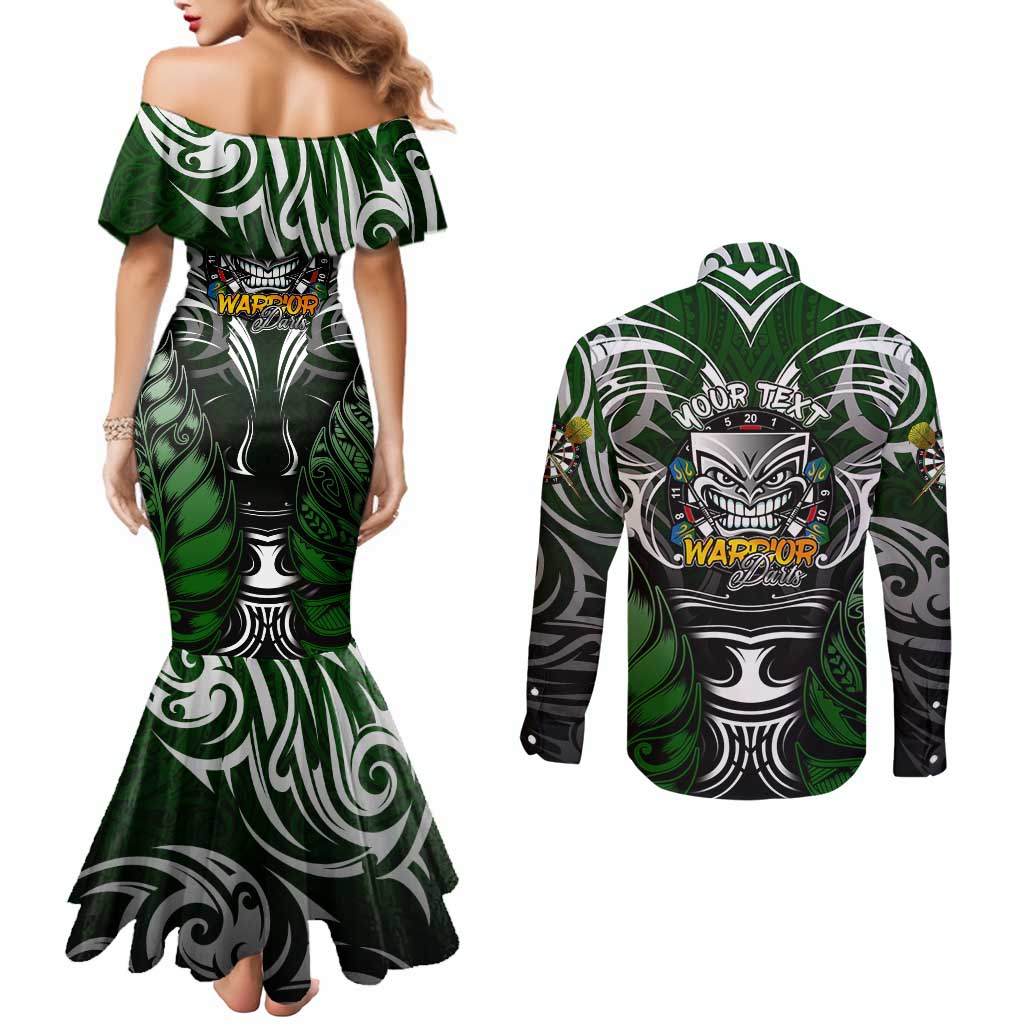 Personalised Warriors Maori Darts Couples Matching Mermaid Dress and Long Sleeve Button Shirt New Zealand Darts Silver Fern