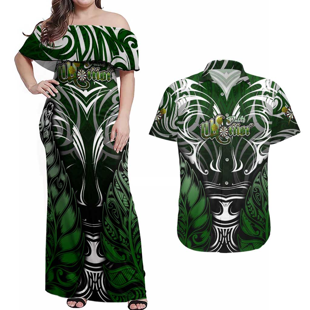 Personalised Warriors Maori Darts Couples Matching Off Shoulder Maxi Dress and Hawaiian Shirt New Zealand Darts Silver Fern