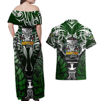 Personalised Warriors Maori Darts Couples Matching Off Shoulder Maxi Dress and Hawaiian Shirt New Zealand Darts Silver Fern