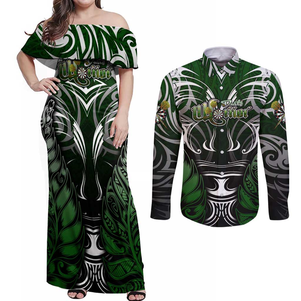 Personalised Warriors Maori Darts Couples Matching Off Shoulder Maxi Dress and Long Sleeve Button Shirt New Zealand Darts Silver Fern