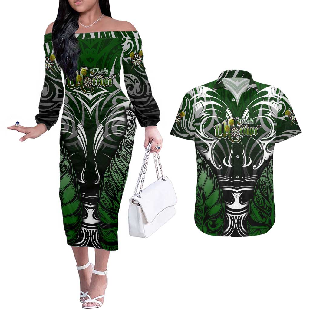 Personalised Warriors Maori Darts Couples Matching Off The Shoulder Long Sleeve Dress and Hawaiian Shirt New Zealand Darts Silver Fern