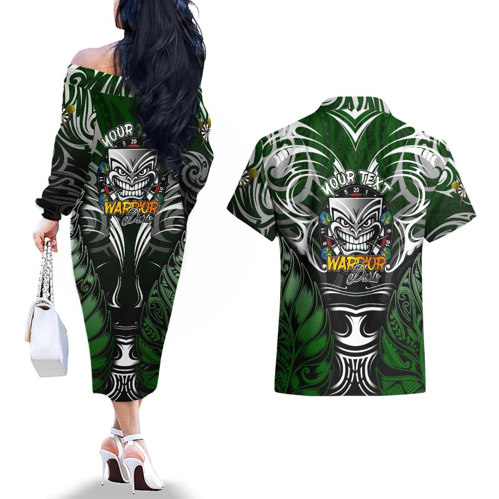 Personalised Warriors Maori Darts Couples Matching Off The Shoulder Long Sleeve Dress and Hawaiian Shirt New Zealand Darts Silver Fern