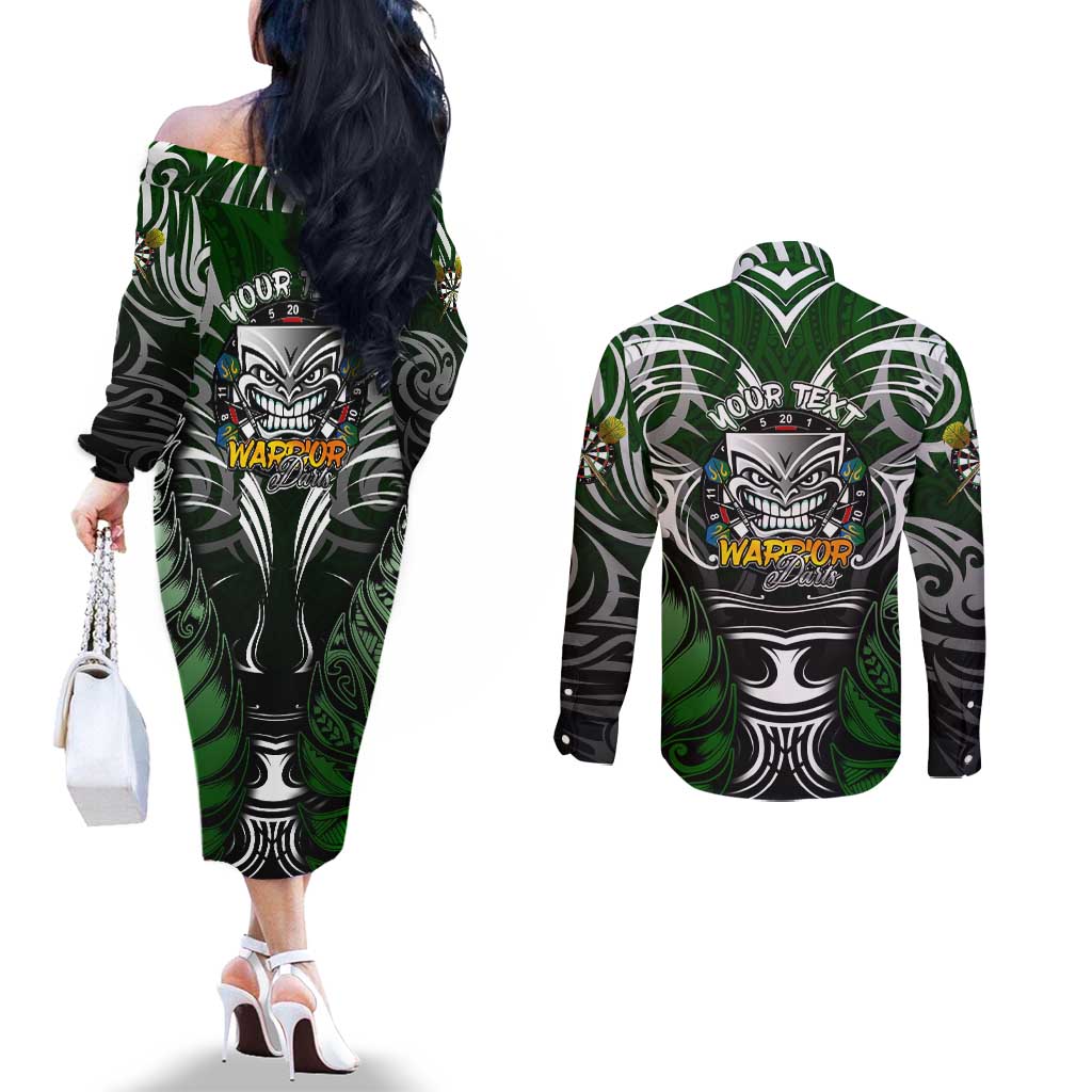 Personalised Warriors Maori Darts Couples Matching Off The Shoulder Long Sleeve Dress and Long Sleeve Button Shirt New Zealand Darts Silver Fern