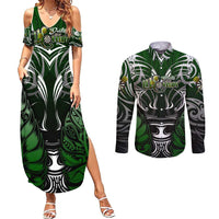 Personalised Warriors Maori Darts Couples Matching Summer Maxi Dress and Long Sleeve Button Shirt New Zealand Darts Silver Fern
