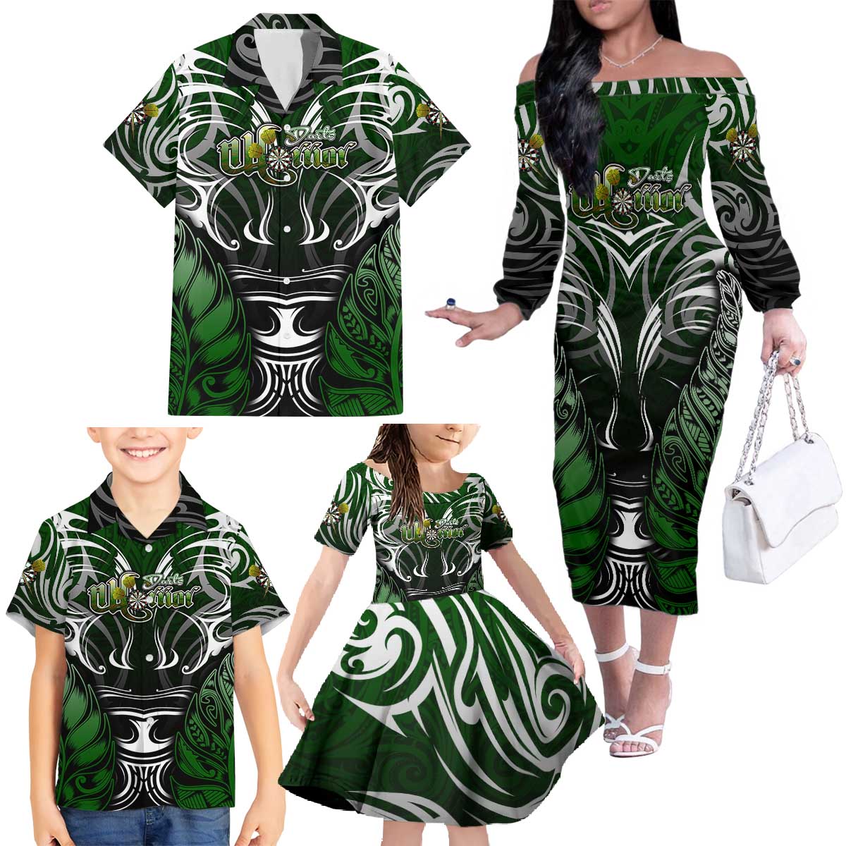 Personalised Warriors Maori Darts Family Matching Off The Shoulder Long Sleeve Dress and Hawaiian Shirt New Zealand Darts Silver Fern