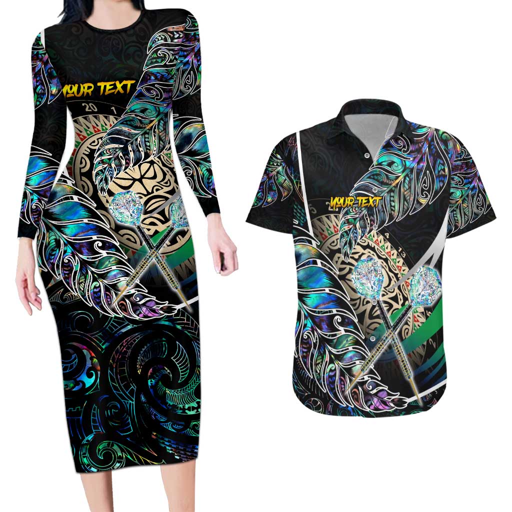 Personalised New Zealand Darts Couples Matching Long Sleeve Bodycon Dress and Hawaiian Shirt NZ Paua Shell Maori Fern