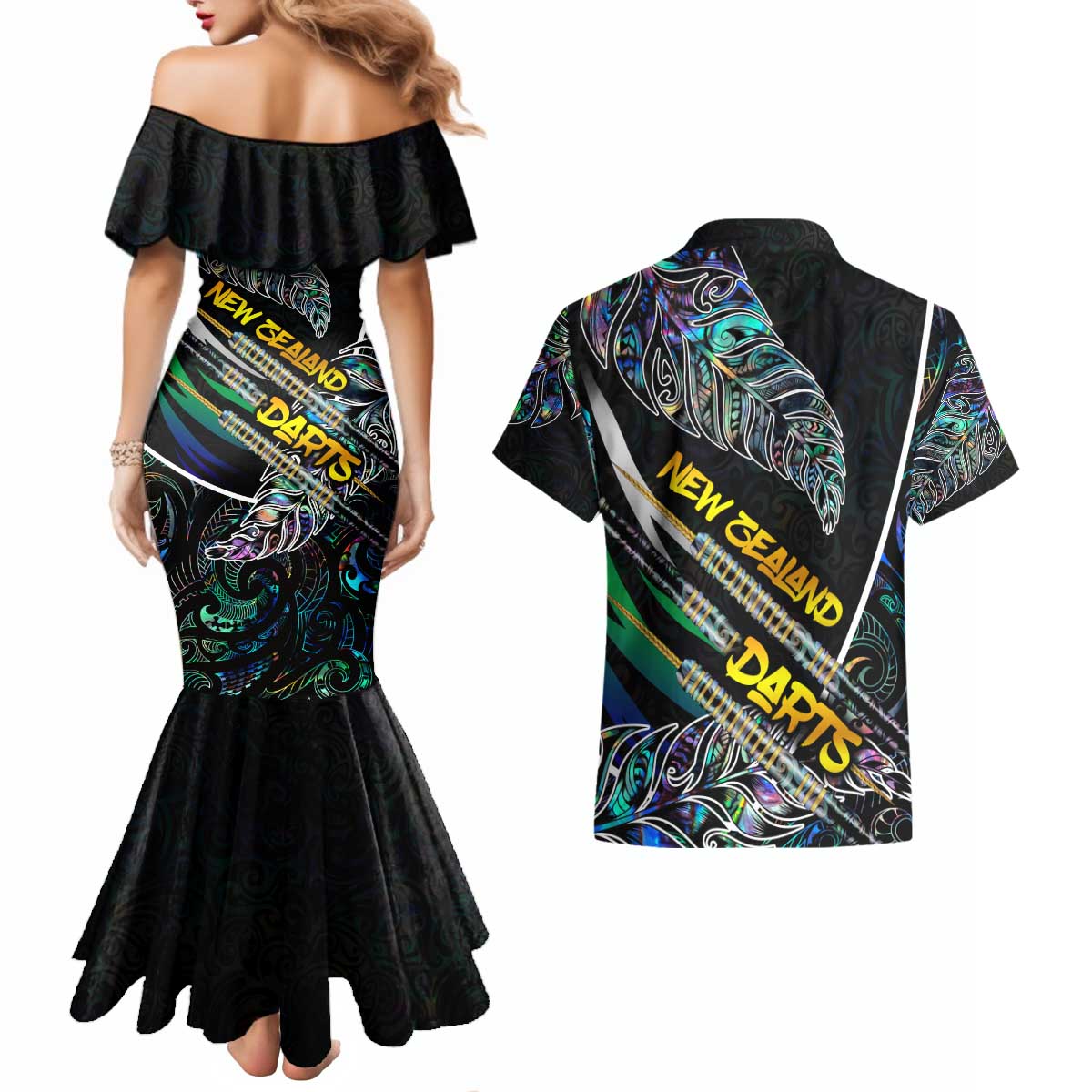 Personalised New Zealand Darts Couples Matching Mermaid Dress and Hawaiian Shirt NZ Paua Shell Maori Fern