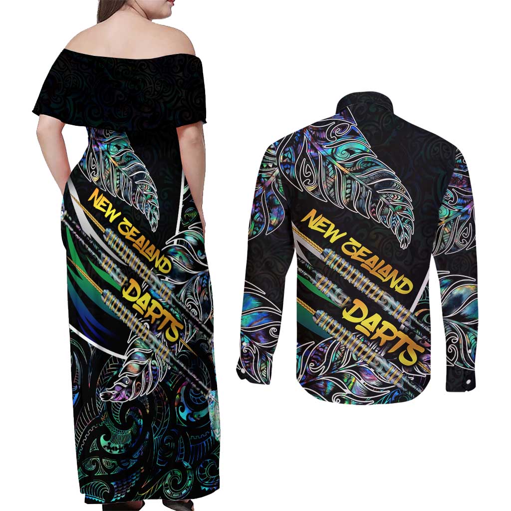 Personalised New Zealand Darts Couples Matching Off Shoulder Maxi Dress and Long Sleeve Button Shirt NZ Paua Shell Maori Fern