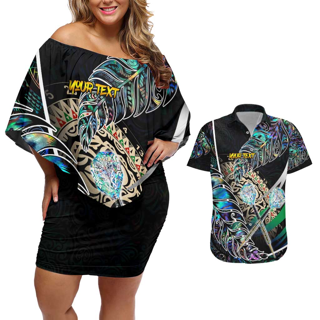 Personalised New Zealand Darts Couples Matching Off Shoulder Short Dress and Hawaiian Shirt NZ Paua Shell Maori Fern