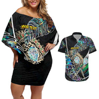 Personalised New Zealand Darts Couples Matching Off Shoulder Short Dress and Hawaiian Shirt NZ Paua Shell Maori Fern