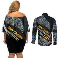 Personalised New Zealand Darts Couples Matching Off Shoulder Short Dress and Long Sleeve Button Shirt NZ Paua Shell Maori Fern