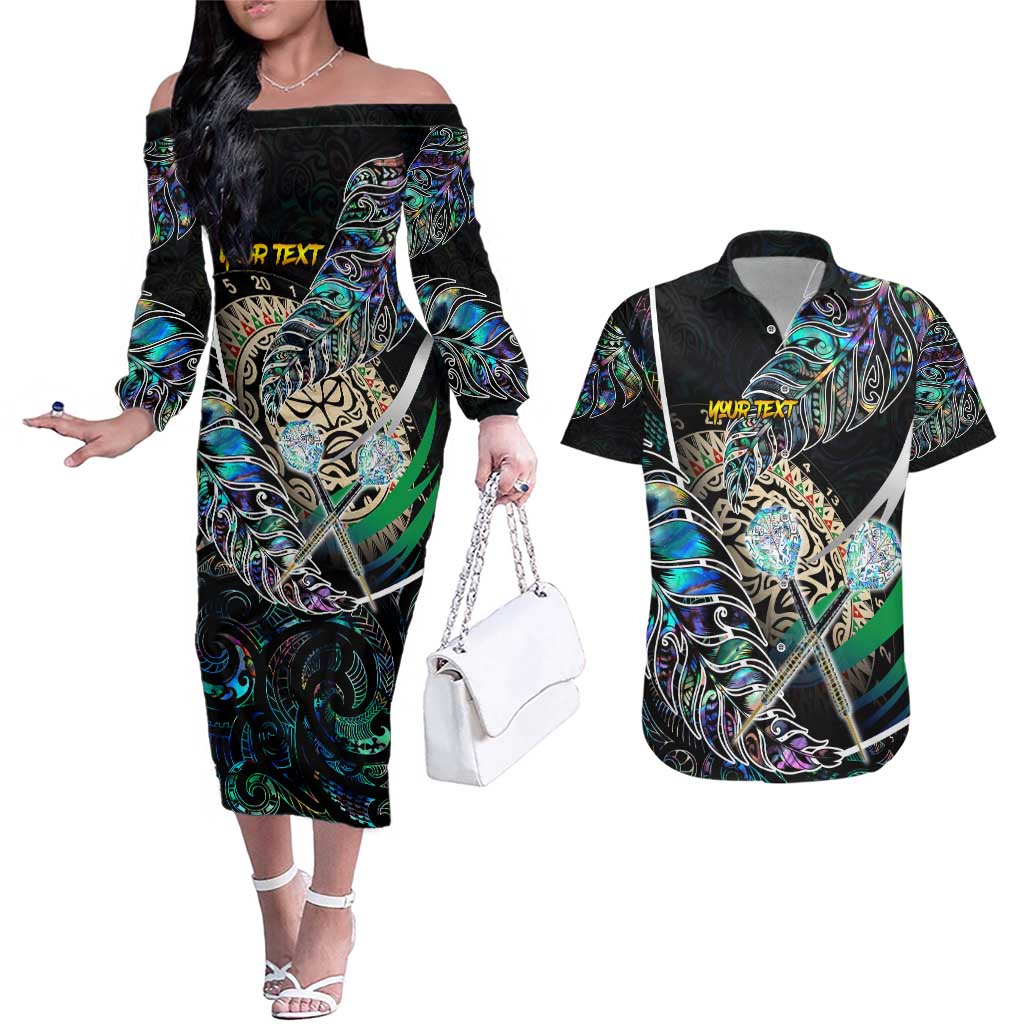 Personalised New Zealand Darts Couples Matching Off The Shoulder Long Sleeve Dress and Hawaiian Shirt NZ Paua Shell Maori Fern