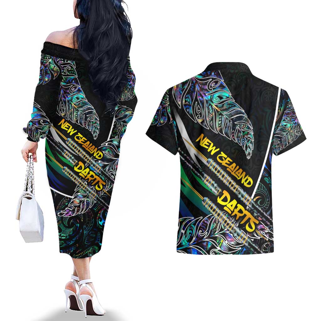 Personalised New Zealand Darts Couples Matching Off The Shoulder Long Sleeve Dress and Hawaiian Shirt NZ Paua Shell Maori Fern