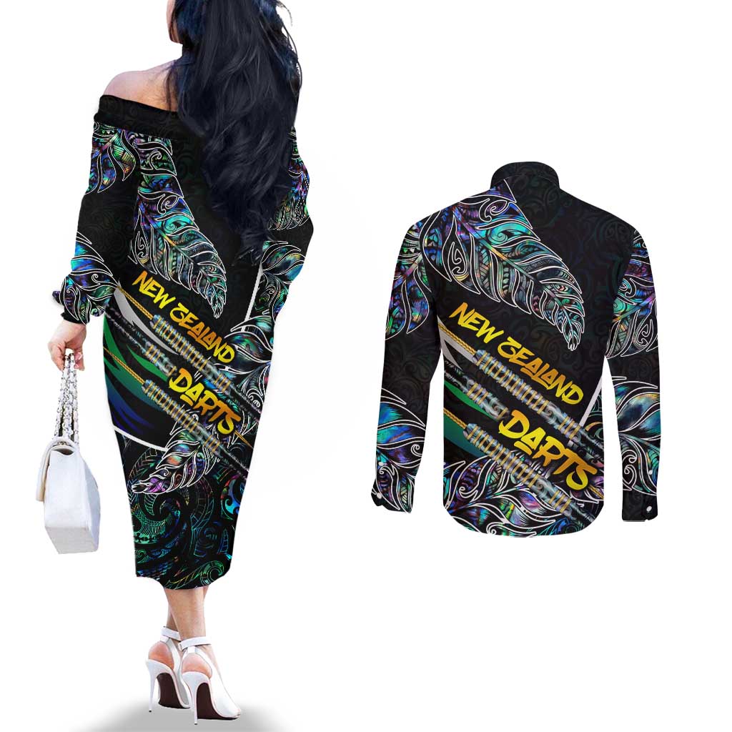 Personalised New Zealand Darts Couples Matching Off The Shoulder Long Sleeve Dress and Long Sleeve Button Shirt NZ Paua Shell Maori Fern