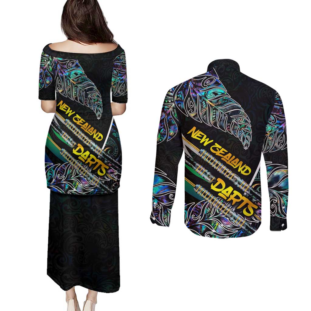 Personalised New Zealand Darts Couples Matching Puletasi and Long Sleeve Button Shirt NZ Paua Shell Maori Fern