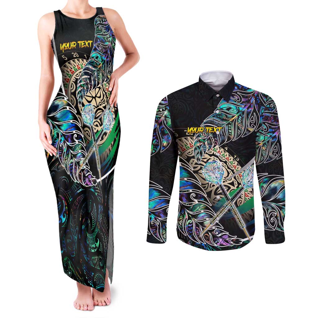 Personalised New Zealand Darts Couples Matching Tank Maxi Dress and Long Sleeve Button Shirt NZ Paua Shell Maori Fern