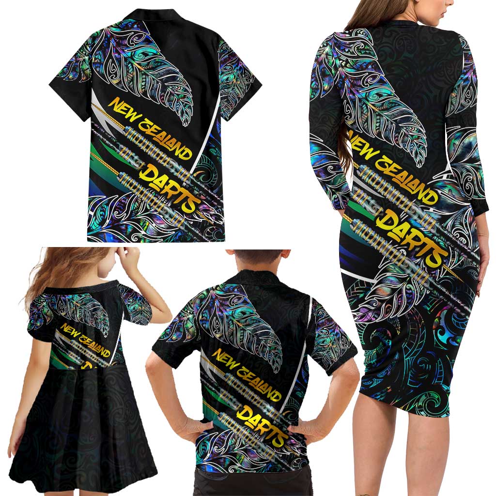 Personalised New Zealand Darts Family Matching Long Sleeve Bodycon Dress and Hawaiian Shirt NZ Paua Shell Maori Fern