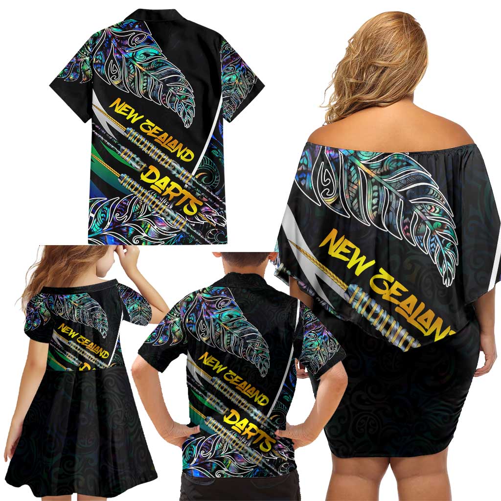 Personalised New Zealand Darts Family Matching Off Shoulder Short Dress and Hawaiian Shirt NZ Paua Shell Maori Fern