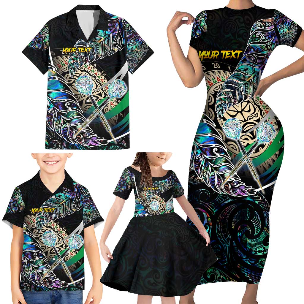 Personalised New Zealand Darts Family Matching Short Sleeve Bodycon Dress and Hawaiian Shirt NZ Paua Shell Maori Fern