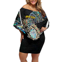 Personalised New Zealand Darts Off Shoulder Short Dress NZ Paua Shell Maori Fern