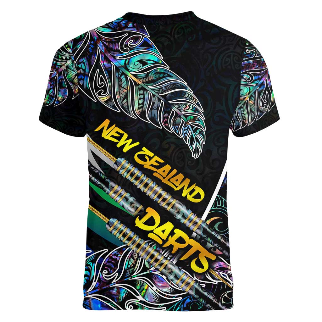 Personalised New Zealand Darts Women V-Neck T-Shirt NZ Paua Shell Maori Fern