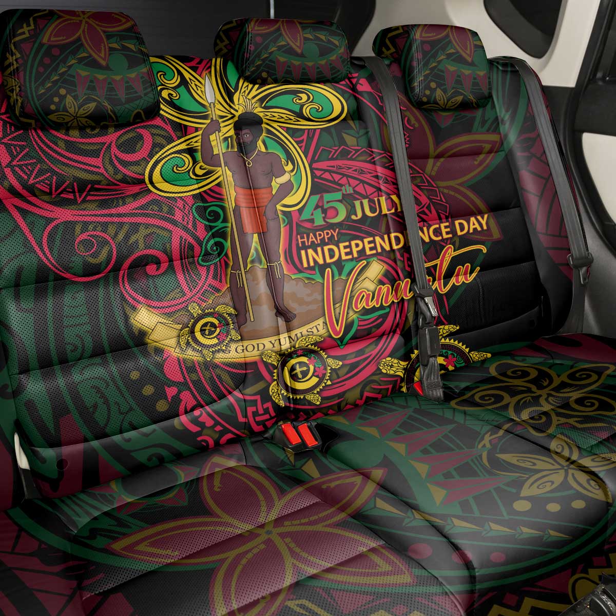 Vanuatu 45th Independence Anniversary Back Car Seat Cover Flower Melanesian Namele Turtle - Polynesian Pride