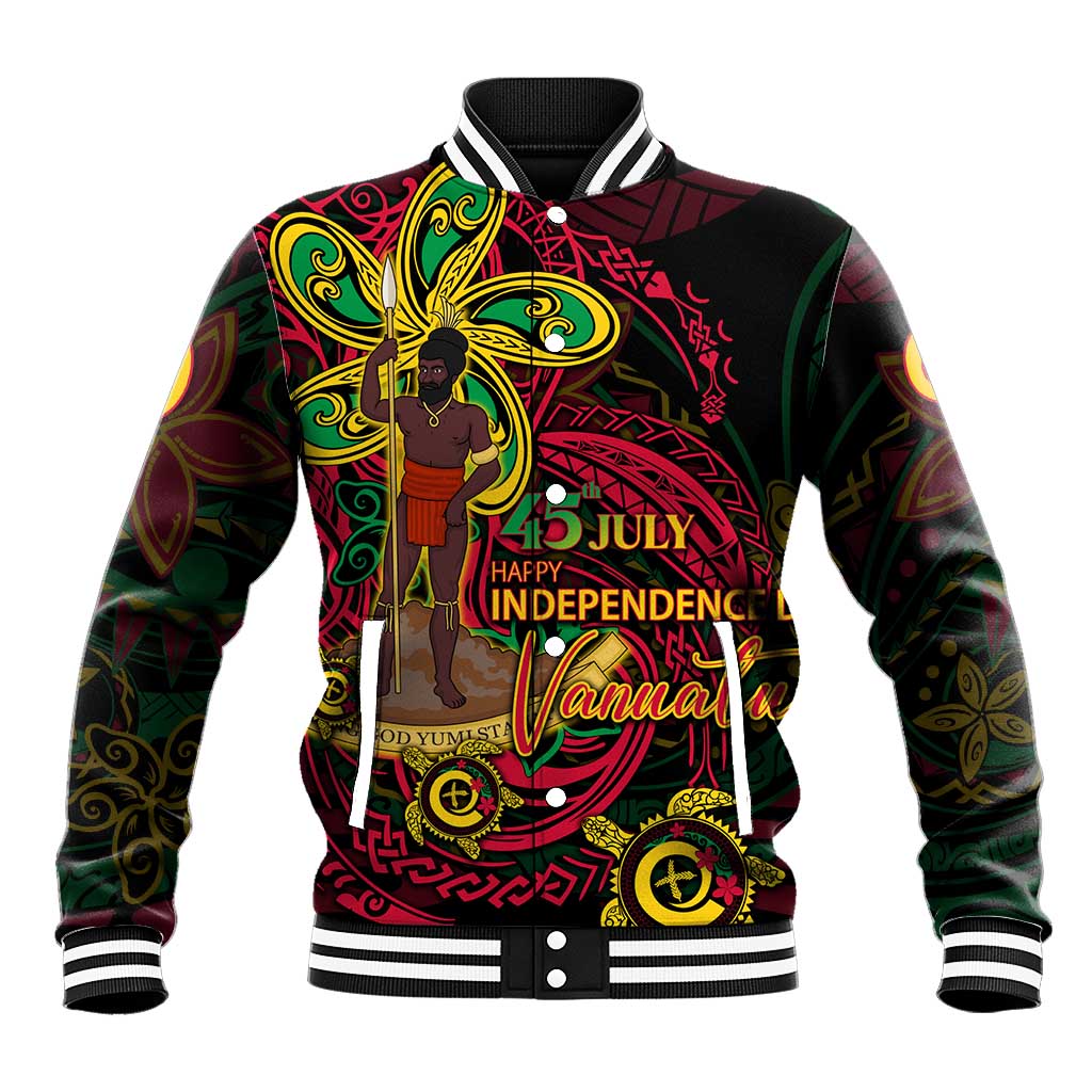 Custom Vanuatu 45th Independence Anniversary Baseball Jacket Flower Melanesian Namele Turtle DT02 Unisex Black - Polynesian Pride