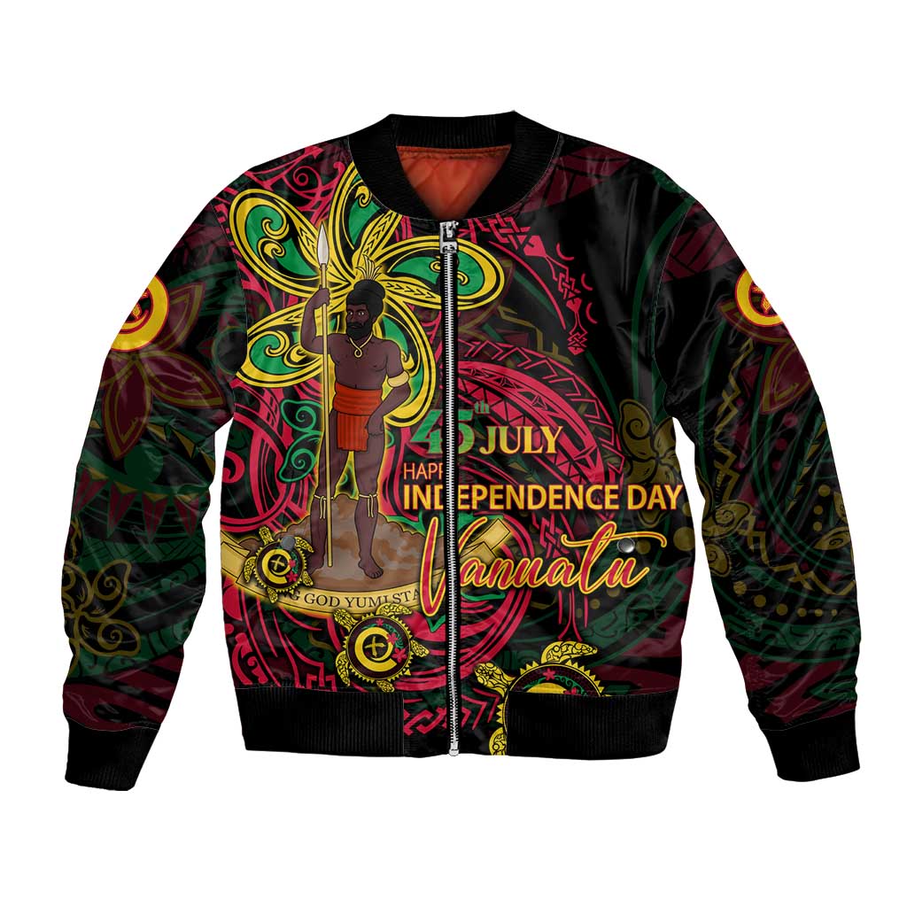 Custom Vanuatu 45th Independence Anniversary Bomber Jacket Flower Melanesian Namele Turtle - Polynesian Pride