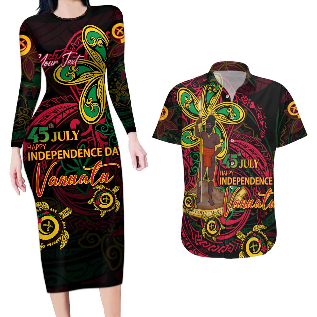 Custom Vanuatu 45th Independence Anniversary Couples Matching Long Sleeve Bodycon Dress and Hawaiian Shirt Flower Melanesian Namele Turtle DT02 Black - Polynesian Pride