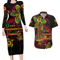 Custom Vanuatu 45th Independence Anniversary Couples Matching Long Sleeve Bodycon Dress and Hawaiian Shirt Flower Melanesian Namele Turtle DT02 Black - Polynesian Pride