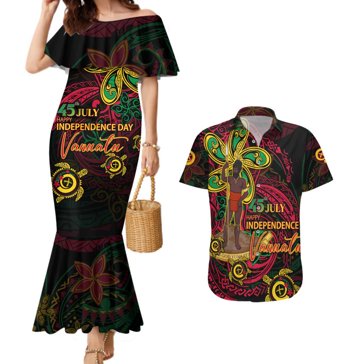 Custom Vanuatu 45th Independence Anniversary Couples Matching Mermaid Dress and Hawaiian Shirt Flower Melanesian Namele Turtle DT02 Black - Polynesian Pride