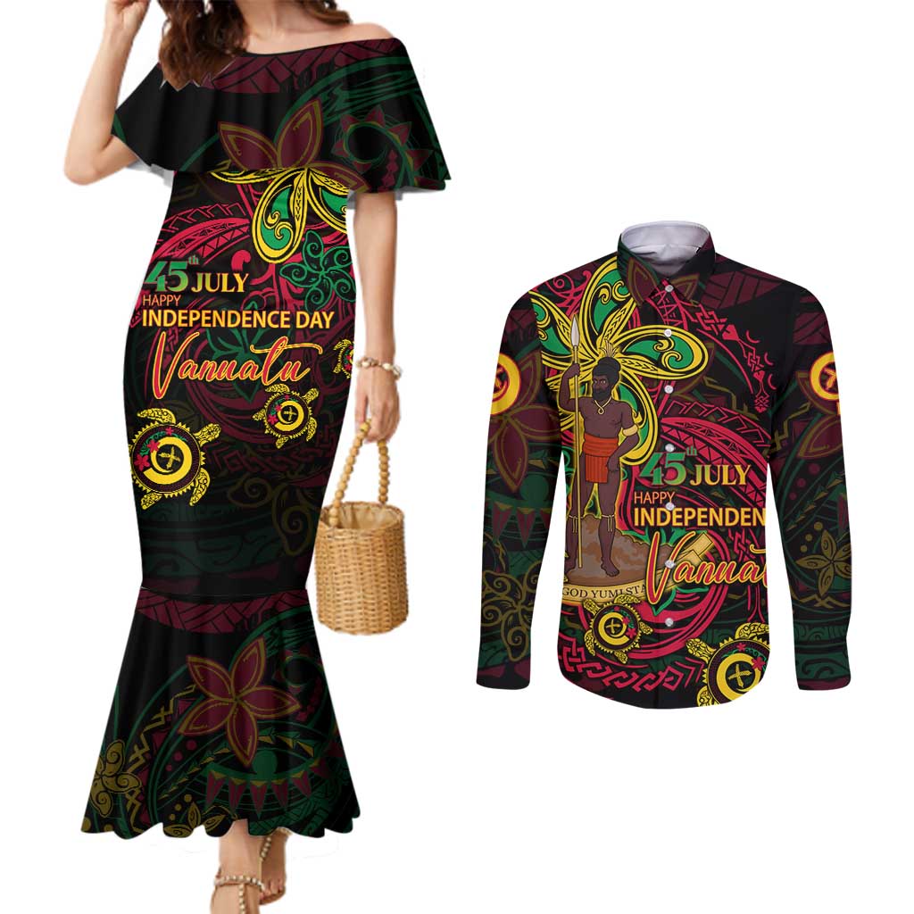 Custom Vanuatu 45th Independence Anniversary Couples Matching Mermaid Dress and Long Sleeve Button Shirt Flower Melanesian Namele Turtle DT02 Black - Polynesian Pride