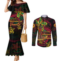Custom Vanuatu 45th Independence Anniversary Couples Matching Mermaid Dress and Long Sleeve Button Shirt Flower Melanesian Namele Turtle DT02 Black - Polynesian Pride