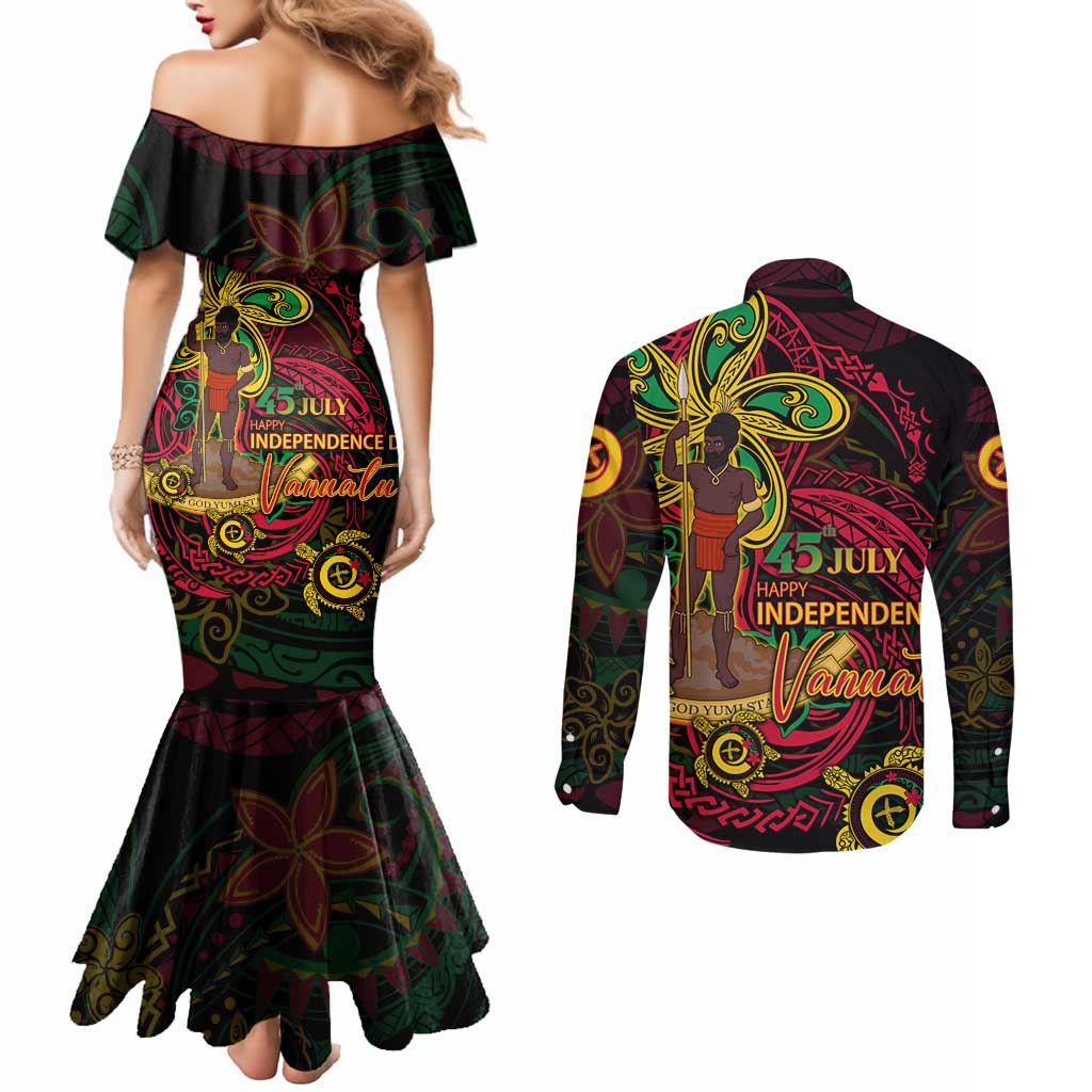 Custom Vanuatu 45th Independence Anniversary Couples Matching Mermaid Dress and Long Sleeve Button Shirt Flower Melanesian Namele Turtle DT02 - Polynesian Pride