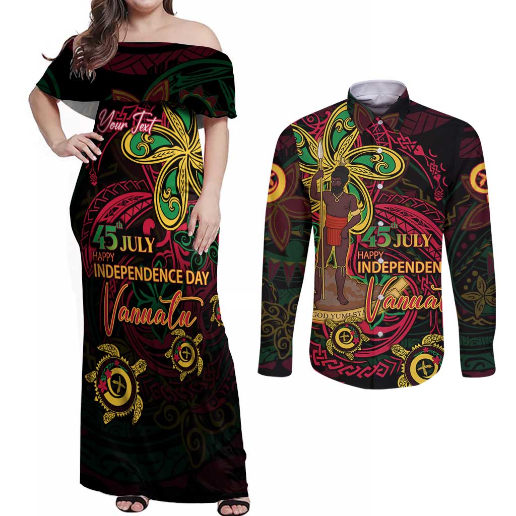 Custom Vanuatu 45th Independence Anniversary Couples Matching Off Shoulder Maxi Dress and Long Sleeve Button Shirt Flower Melanesian Namele Turtle - Polynesian Pride