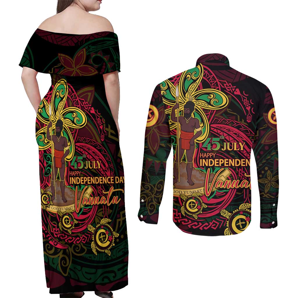 Custom Vanuatu 45th Independence Anniversary Couples Matching Off Shoulder Maxi Dress and Long Sleeve Button Shirt Flower Melanesian Namele Turtle - Polynesian Pride