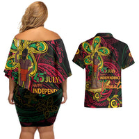 Custom Vanuatu 45th Independence Anniversary Couples Matching Off Shoulder Short Dress and Hawaiian Shirt Flower Melanesian Namele Turtle - Polynesian Pride