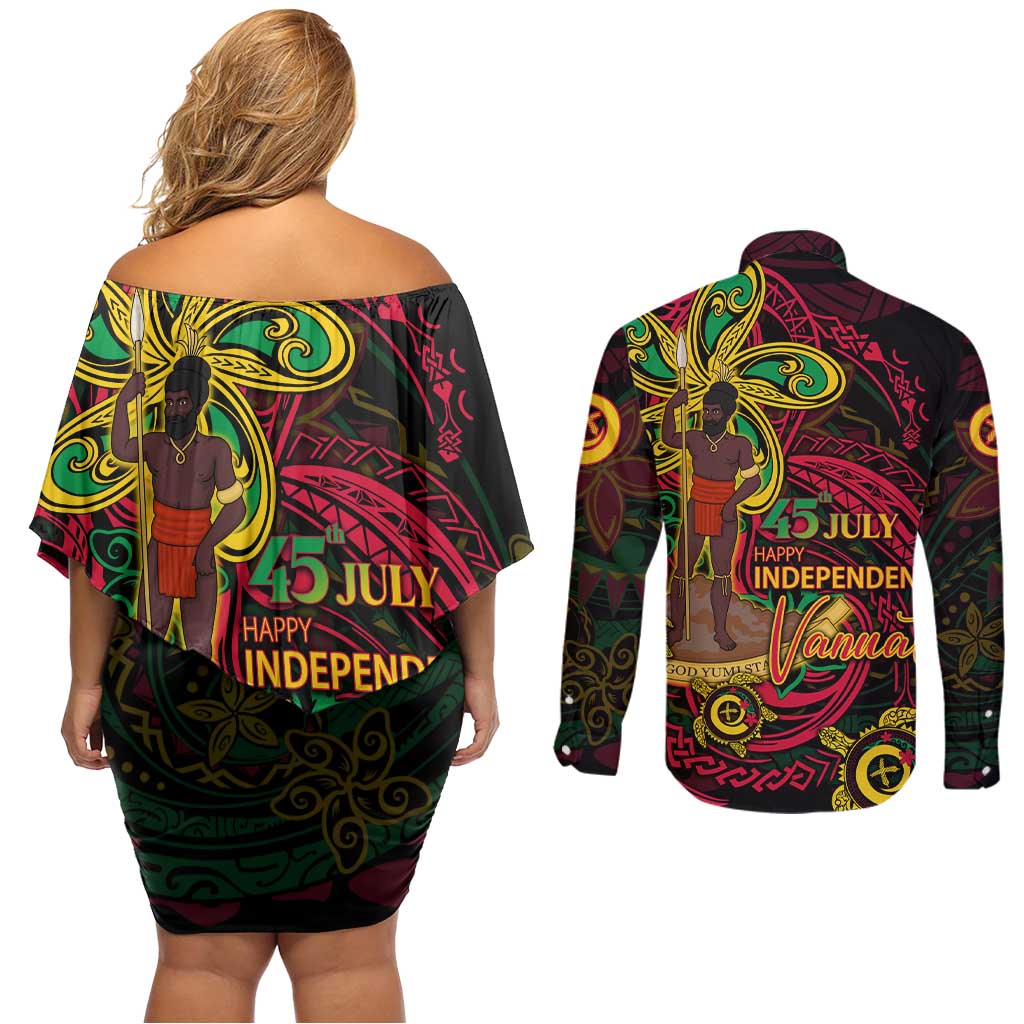 Custom Vanuatu 45th Independence Anniversary Couples Matching Off Shoulder Short Dress and Long Sleeve Button Shirt Flower Melanesian Namele Turtle - Polynesian Pride