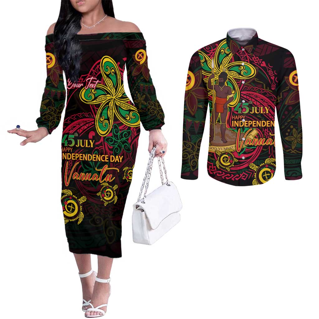 Custom Vanuatu 45th Independence Anniversary Couples Matching Off The Shoulder Long Sleeve Dress and Long Sleeve Button Shirt Flower Melanesian Namele Turtle DT02 Black - Polynesian Pride
