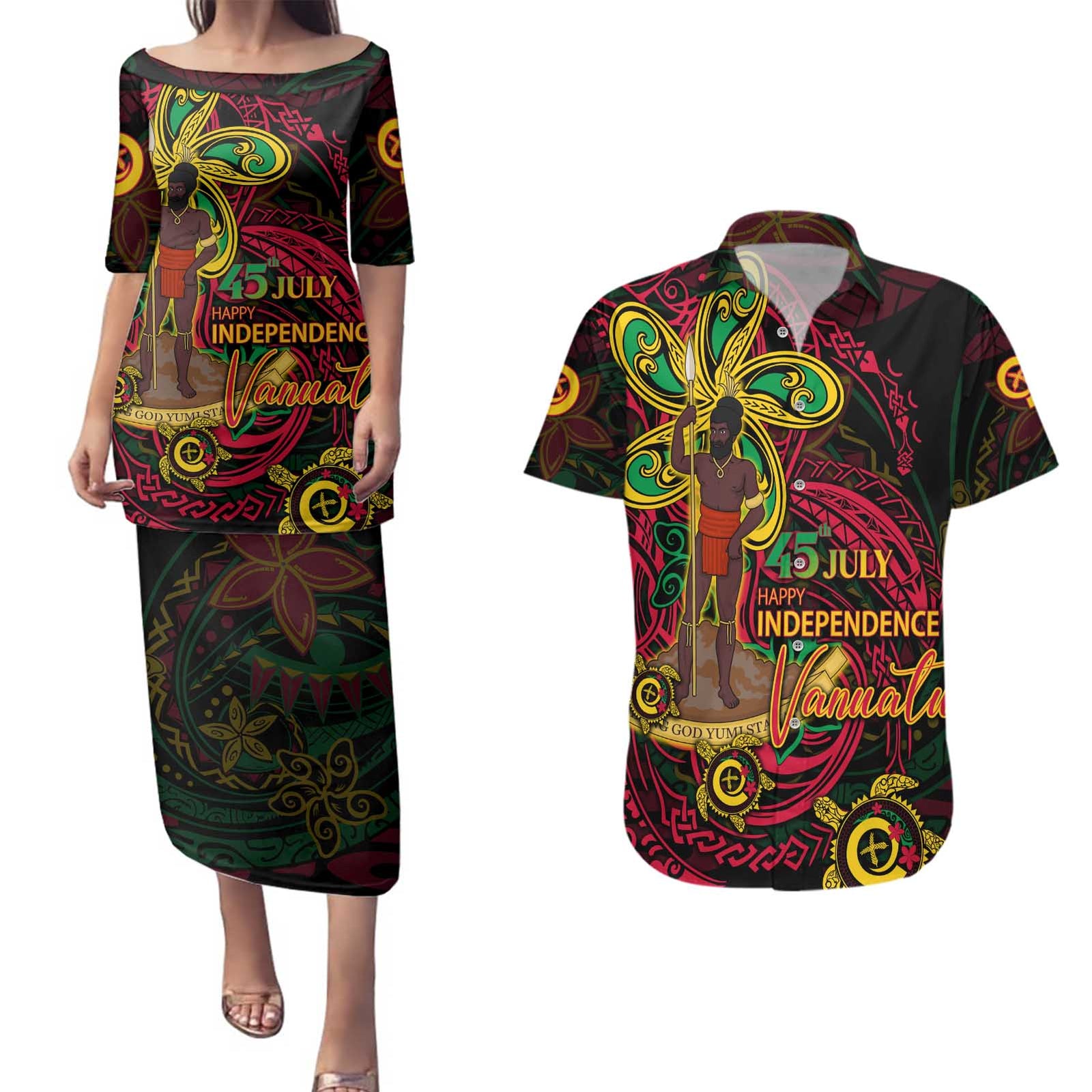 Custom Vanuatu 45th Independence Anniversary Couples Matching Puletasi and Hawaiian Shirt Flower Melanesian Namele Turtle DT02 Black - Polynesian Pride