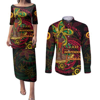 Custom Vanuatu 45th Independence Anniversary Couples Matching Puletasi and Long Sleeve Button Shirt Flower Melanesian Namele Turtle DT02 Black - Polynesian Pride