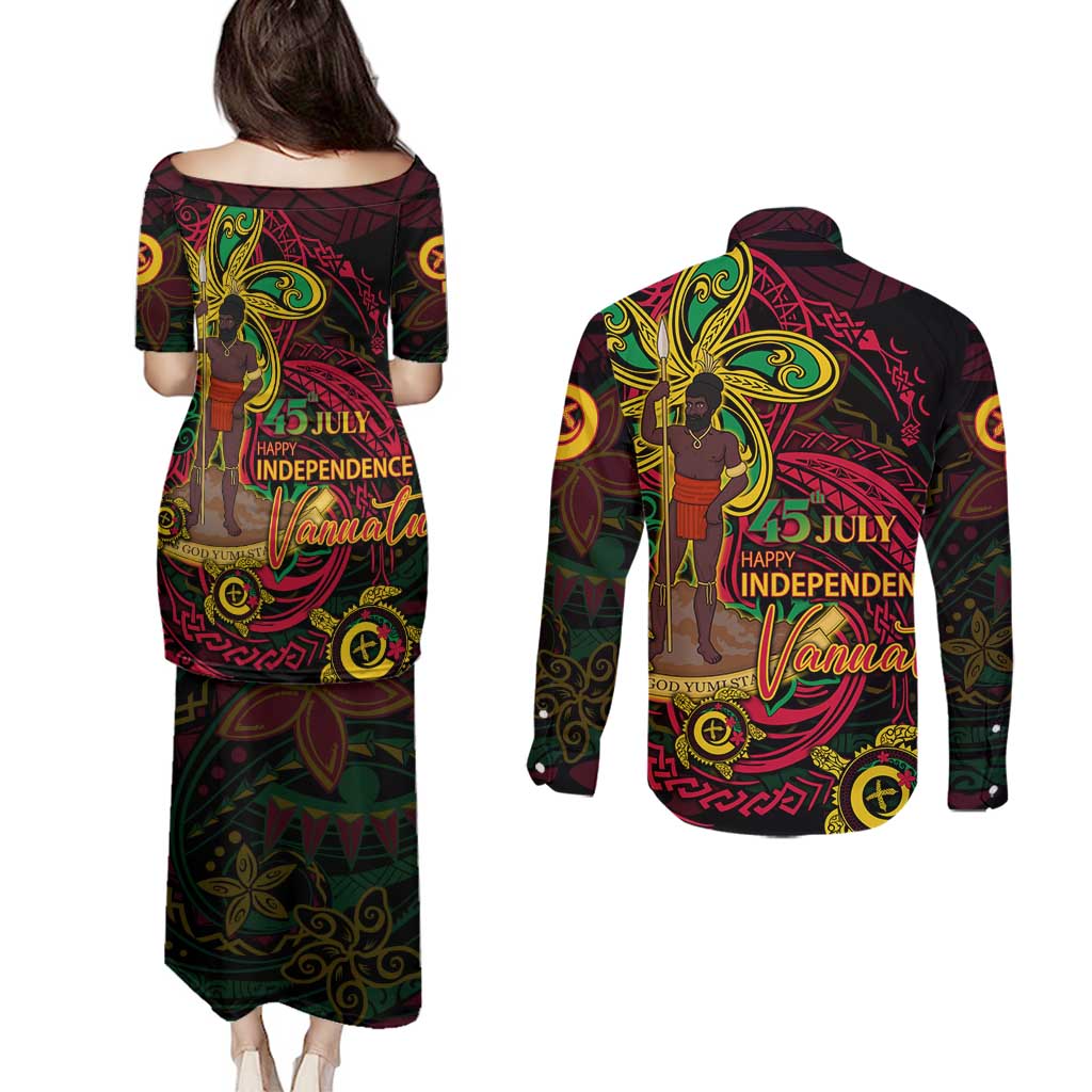 Custom Vanuatu 45th Independence Anniversary Couples Matching Puletasi and Long Sleeve Button Shirt Flower Melanesian Namele Turtle DT02 - Polynesian Pride