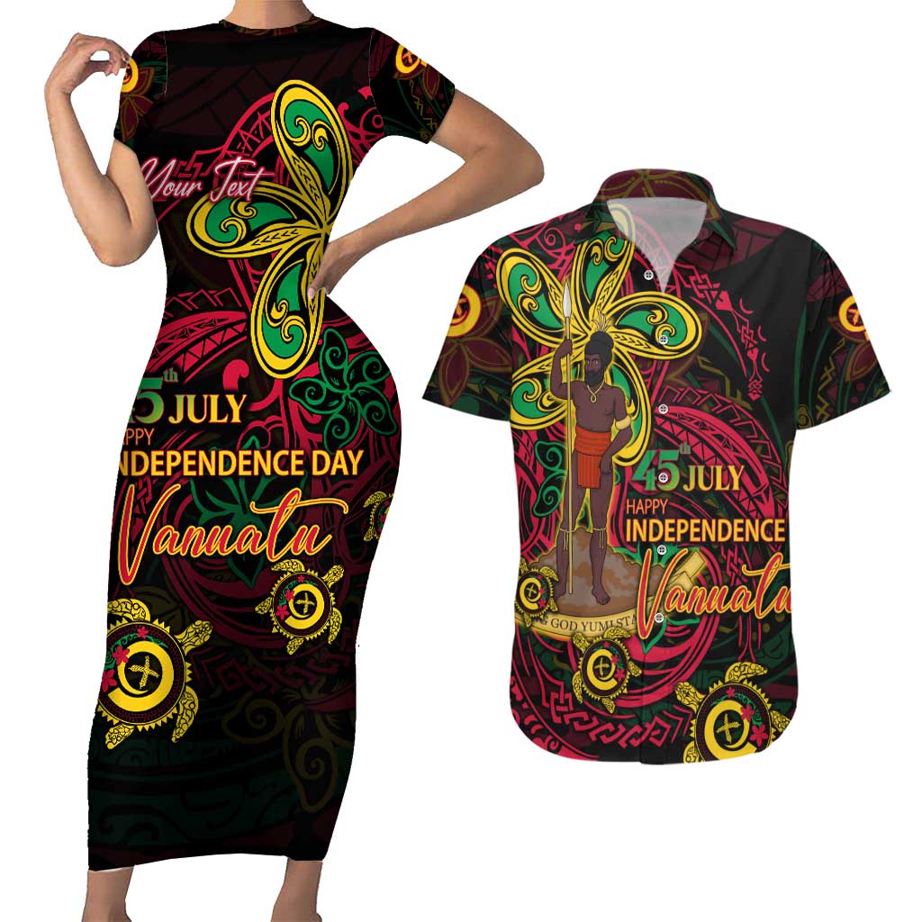 Custom Vanuatu 45th Independence Anniversary Couples Matching Short Sleeve Bodycon Dress and Hawaiian Shirt Flower Melanesian Namele Turtle DT02 Black - Polynesian Pride